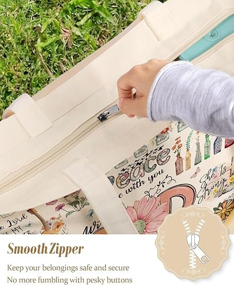 Large Tote Bag for Women - Aesthetic Cute Big Canvas Bags with Zipper Cotton Shoulder Bag for Gym, Travel, Work(Biblical God) - Image 3