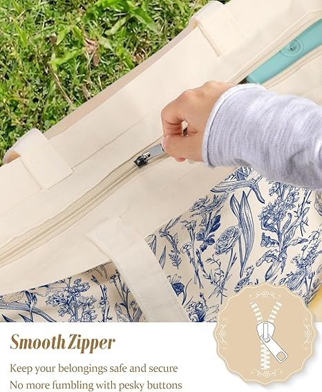 Large Tote Bag for Women - Aesthetic Cute Big Canvas Bags with Zipper Cotton Shoulder Bag for Gym, Travel, Work(Blue Flowers) - Image 3