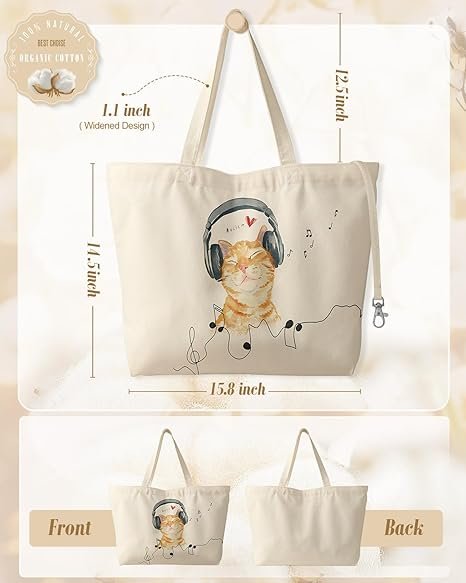 Large Tote Bag for Women - Aesthetic Cute Big Canvas Bags with Zipper Cotton Shoulder Bag for Gym, Travel, Work(Cat With Earphone) - Image 3