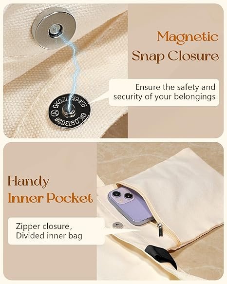 Aesthetic Tote Bag for Girls - with Magnetic Buckle and Zipper Inner Pocket for Women Lady Canvas Cotton Tote Bag(Black Flower) - Image 3