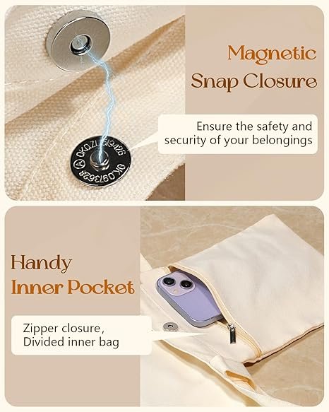 Aesthetic Tote Bag for Girls - with Magnetic Buckle and Zipper Inner Pocket for Women Lady Canvas Cotton Tote Bag(Dinosaur) - Image 3