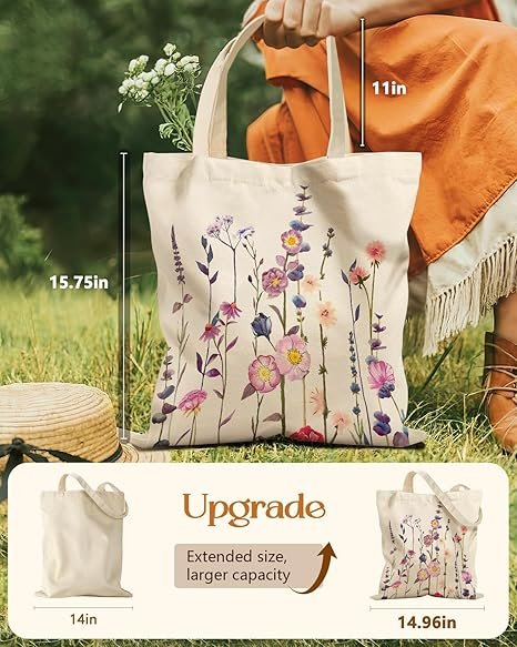 Aesthetic Tote Bag for Girls - with Magnetic Buckle and Zipper Inner Pocket for Women Lady Canvas Cotton Tote Bag(Purple Flower) - Image 3