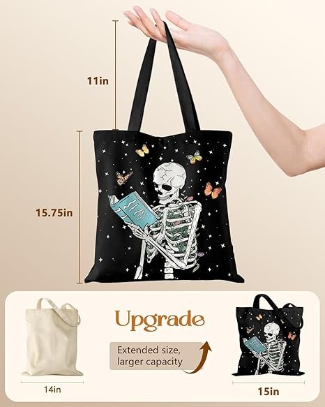 Canvas Tote Bag for Women - Aesthetic Canvas Totes with Pockets Cute Reusable Cloths Ladies Shoulder Bag(Skull Book) - Image 3