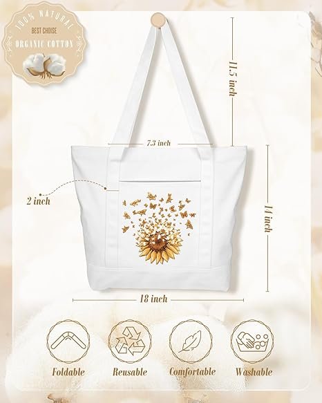 Large Canvas Tote Bag Zipper Closure - Outside Pocket Size 17.5''×14'' Aesthetic Boat Bag for Women Cotton(Blue Line Flower) - Image 4