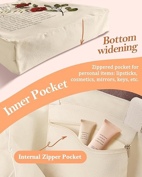 Aesthetic Heavy Canvas Tote Bag with Pocket for Women, Cloth Gusseted Totes Bag with Pattern for Shopping(Seeds of Kindness) - Image 4