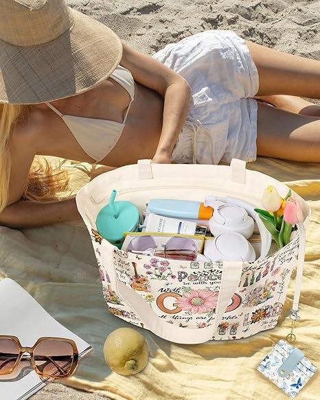 Large Tote Bag for Women - Aesthetic Cute Big Canvas Bags with Zipper Cotton Shoulder Bag for Gym, Travel, Work(Biblical God) - Image 4