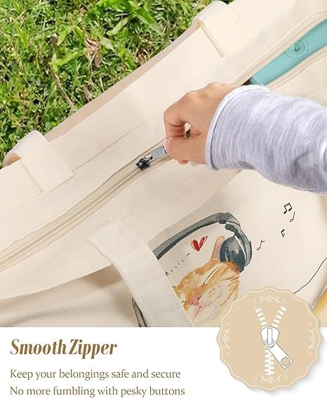 Large Tote Bag for Women - Aesthetic Cute Big Canvas Bags with Zipper Cotton Shoulder Bag for Gym, Travel, Work(Cat With Earphone) - Image 4