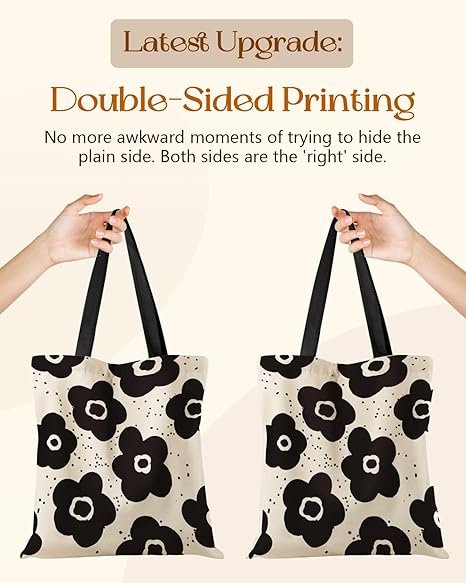 Aesthetic Tote Bag for Girls - with Magnetic Buckle and Zipper Inner Pocket for Women Lady Canvas Cotton Tote Bag(Black Flower) - Image 4