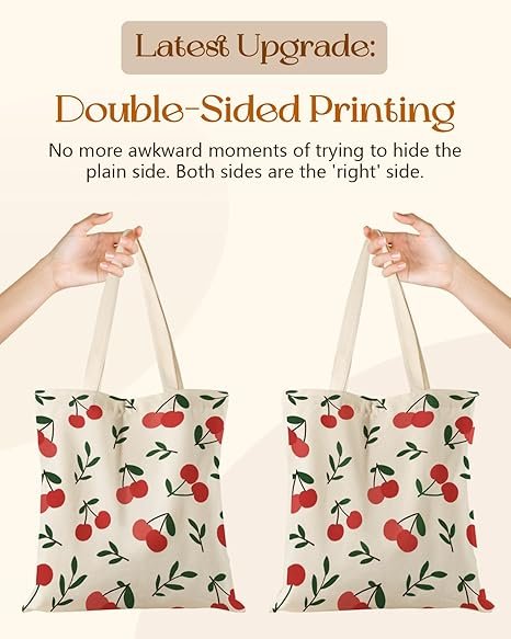 Aesthetic Tote Bag for Girls - with Magnetic Buckle and Zipper Inner Pocket for Women Lady Canvas Cotton Tote Bag(Cherry) - Image 4
