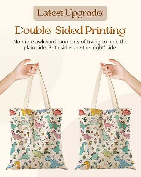 Aesthetic Tote Bag for Girls - with Magnetic Buckle and Zipper Inner Pocket for Women Lady Canvas Cotton Tote Bag(Dinosaur) - Image 4