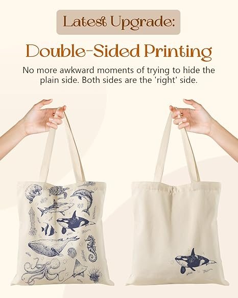 Aesthetic Tote Bag for Girls - with Magnetic Buckle and Zipper Inner Pocket for Women Lady Canvas Cotton Tote Bag(Sea Fish) - Image 4