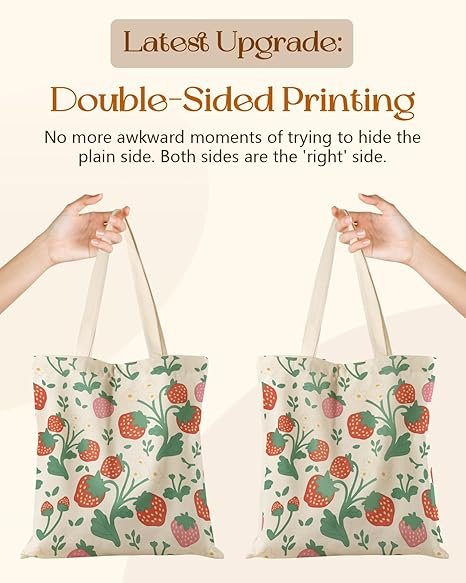Aesthetic Tote Bag for Girls - with Magnetic Buckle and Zipper Inner Pocket for Women Lady Canvas Cotton Tote Bag(Strawberries) - Image 4