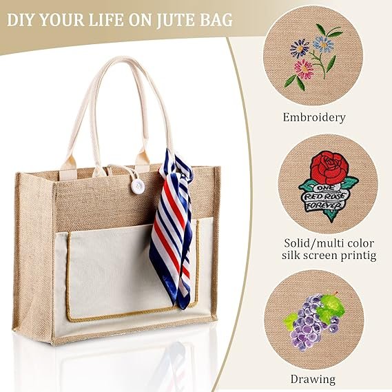 8 Pcs Burlap Tote Bags Bulk Large Jute Tote with Handles Reusable Canvas Gift Bags for Wedding Travel - Image 4
