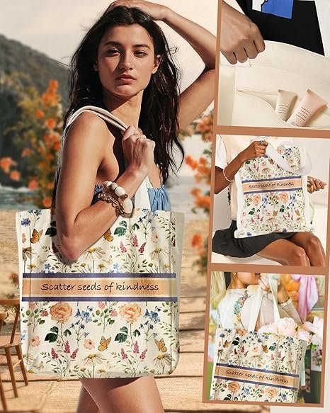 Aesthetic Heavy Canvas Tote Bag with Pocket for Women, Cloth Gusseted Totes Bag with Pattern for Shopping(Seeds of Kindness) - Image 5
