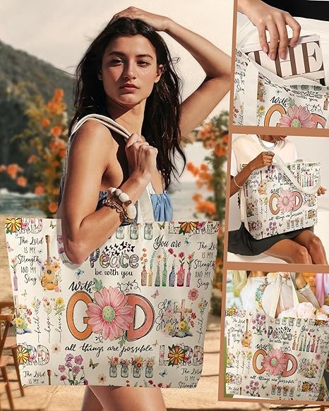 Large Tote Bag for Women - Aesthetic Cute Big Canvas Bags with Zipper Cotton Shoulder Bag for Gym, Travel, Work(Biblical God) - Image 5