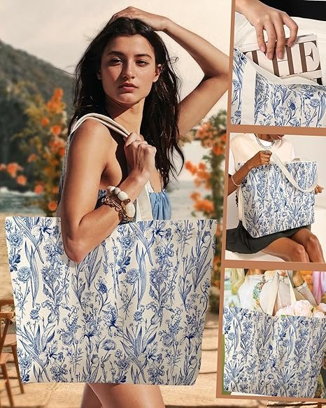 Large Tote Bag for Women - Aesthetic Cute Big Canvas Bags with Zipper Cotton Shoulder Bag for Gym, Travel, Work(Blue Flowers) - Image 5