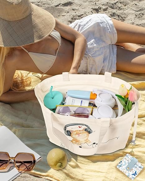 Large Tote Bag for Women - Aesthetic Cute Big Canvas Bags with Zipper Cotton Shoulder Bag for Gym, Travel, Work(Cat With Earphone) - Image 5