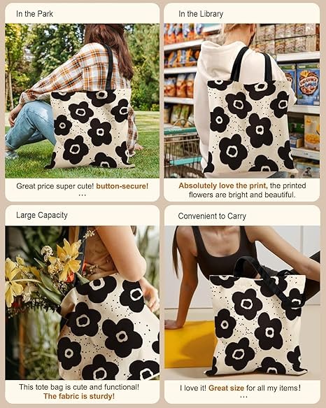Aesthetic Tote Bag for Girls - with Magnetic Buckle and Zipper Inner Pocket for Women Lady Canvas Cotton Tote Bag(Black Flower) - Image 5