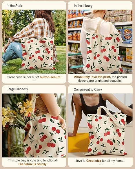 Aesthetic Tote Bag for Girls - with Magnetic Buckle and Zipper Inner Pocket for Women Lady Canvas Cotton Tote Bag(Cherry) - Image 5