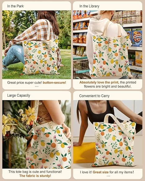 Aesthetic Tote Bag for Girls - with Magnetic Buckle and Zipper Inner Pocket for Women Lady Canvas Cotton Tote Bag(Lemon Orange) - Image 5