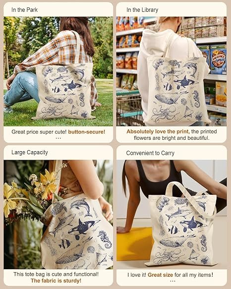 Aesthetic Tote Bag for Girls - with Magnetic Buckle and Zipper Inner Pocket for Women Lady Canvas Cotton Tote Bag(Sea Fish) - Image 5
