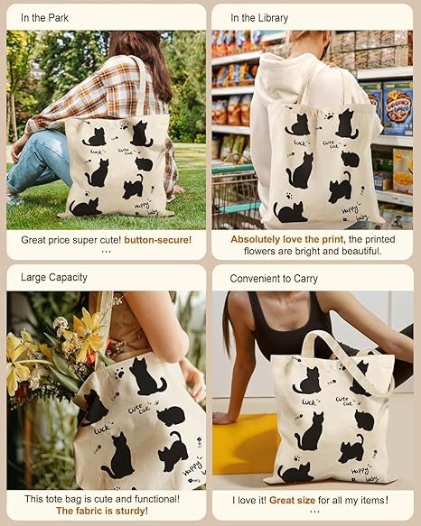 Aesthetic Tote Bag for Girls - with Magnetic Buckle and Zipper Inner Pocket for Women Lady Canvas Cotton Tote Bag(Six Cats) - Image 5