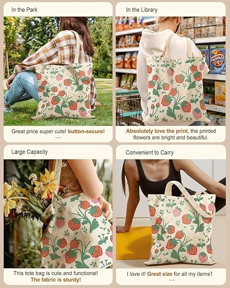 Aesthetic Tote Bag for Girls - with Magnetic Buckle and Zipper Inner Pocket for Women Lady Canvas Cotton Tote Bag(Strawberries) - Image 5