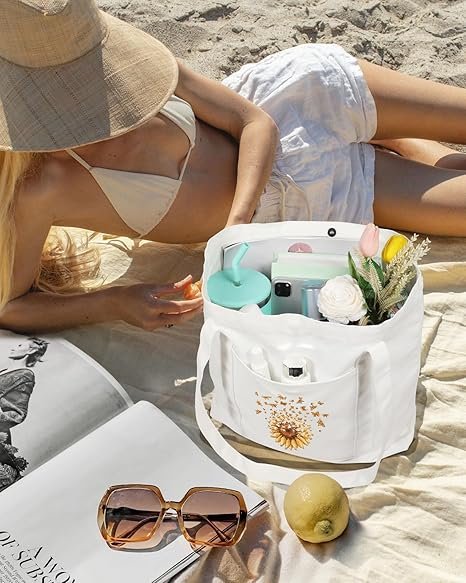 Large Canvas Tote Bag Zipper Closure - Outside Pocket Size 17.5''×14'' Aesthetic Boat Bag for Women Cotton(Blue Line Flower) - Image 5