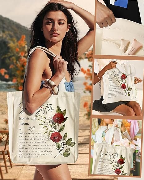Aesthetic Heavy Canvas Tote Bag with Pocket for Women, Cloth Gusseted Totes Bag with Pattern for Shopping(Seeds of Kindness) - Image 6