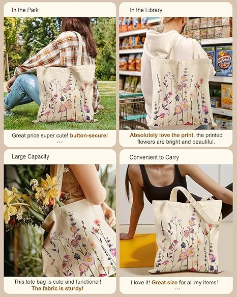 Aesthetic Tote Bag for Girls - with Magnetic Buckle and Zipper Inner Pocket for Women Lady Canvas Cotton Tote Bag(Purple Flower) - Image 6