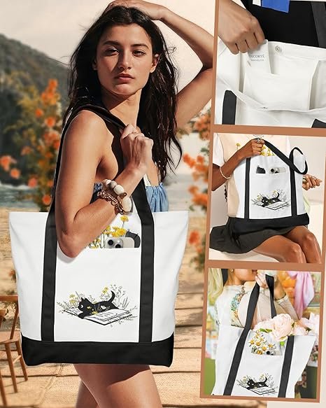 Large Canvas Tote Bag Zipper Closure - Outside Pocket Size 17.5''×14'' Aesthetic Boat Bag for Women Cotton(Black Cat) - Image 6