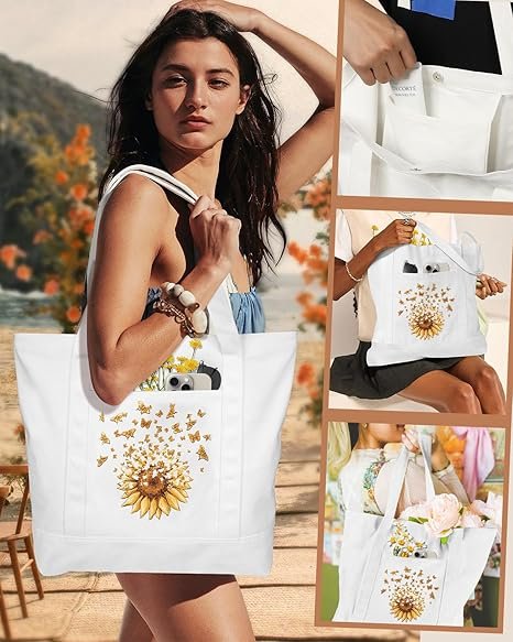 Large Canvas Tote Bag Zipper Closure - Outside Pocket Size 17.5''×14'' Aesthetic Boat Bag for Women Cotton(Blue Line Flower) - Image 6