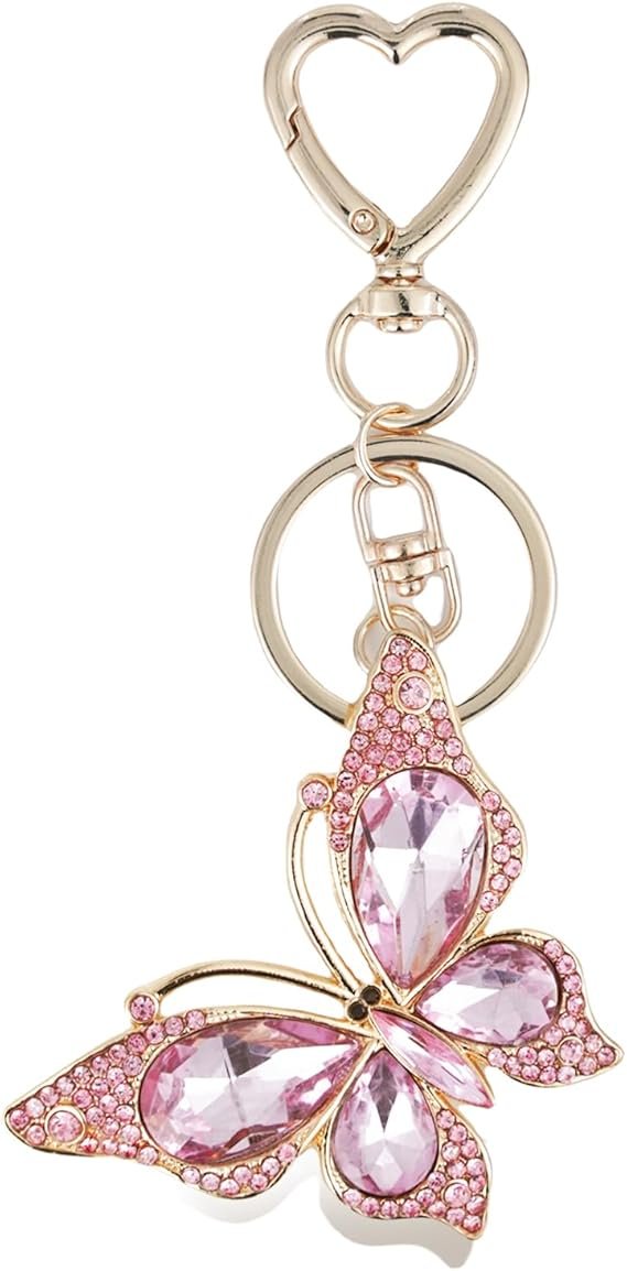 Charm Keychain for Women, Cute Heart Key Chain with Diamond Butterfly Pendant, Lovely Bag & Purse Keyring Accessory
