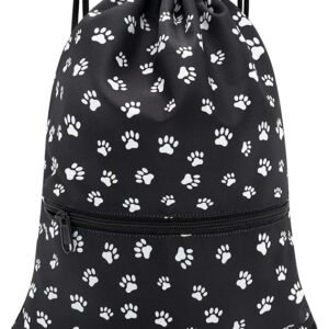 Drawstring Backpack Bag Sport Gym Sackpack(Black Background White Dog Paw Prin)