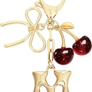 Bubble Initial Keychain with Bow & Cherry - Gold Letter Bag Charms for Women, Cute Purse Handbag Accessories
