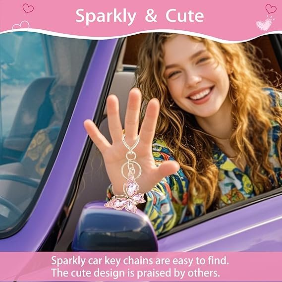 Charm Keychain for Women, Cute Heart Key Chain with Diamond Butterfly Pendant, Lovely Bag & Purse Keyring Accessory - Image 3