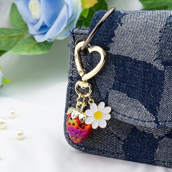 Cute Cherry Strawberry bag charms keychain purse accessories charm for women handbags Kawaii Flower Car Key Chain - Image 5